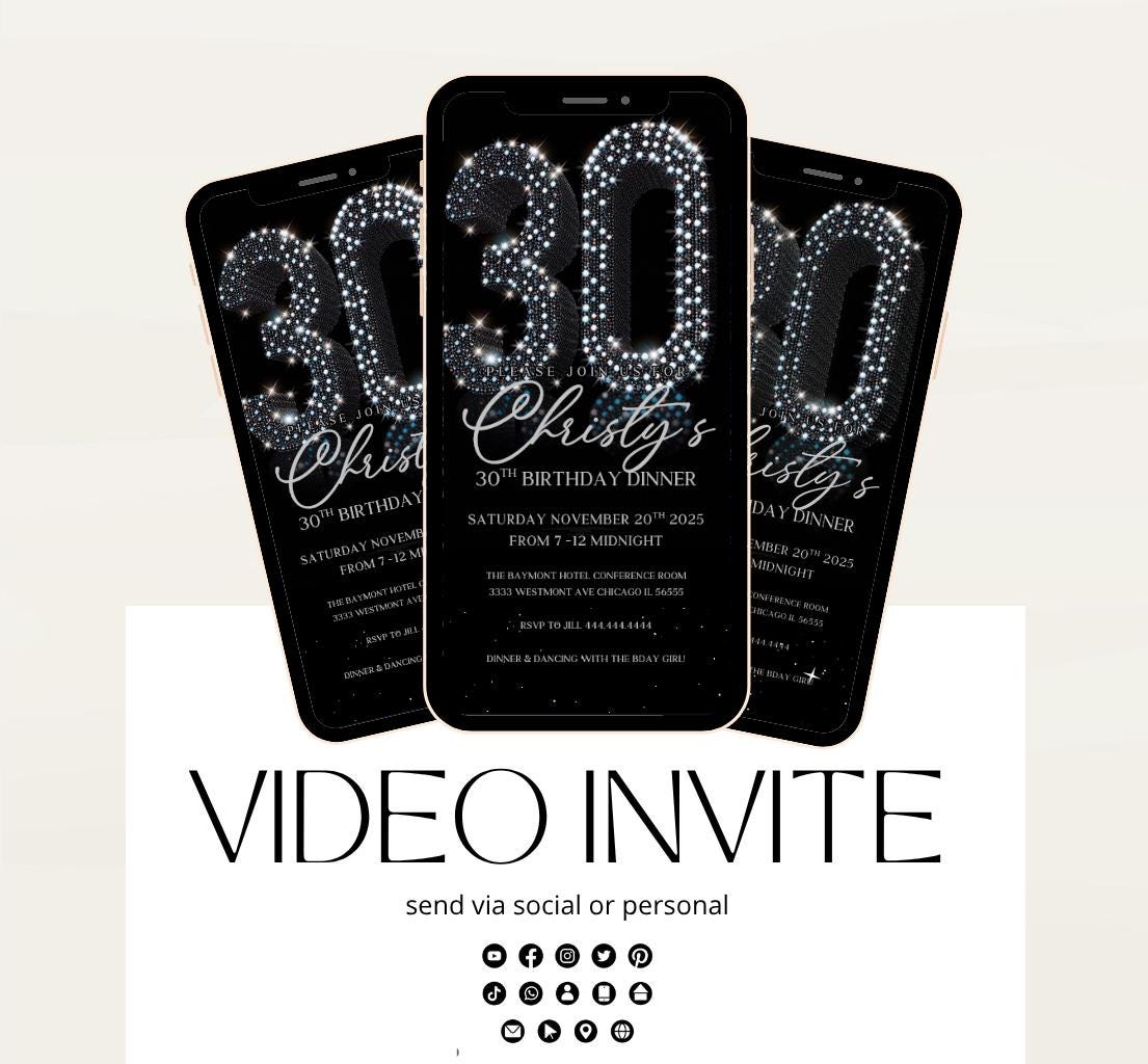 Animated 30th Evite Birthday for Adult Invite, Modern 30th Birthday Invite, Digital Animated Diamond Digital 30th Birthday-4