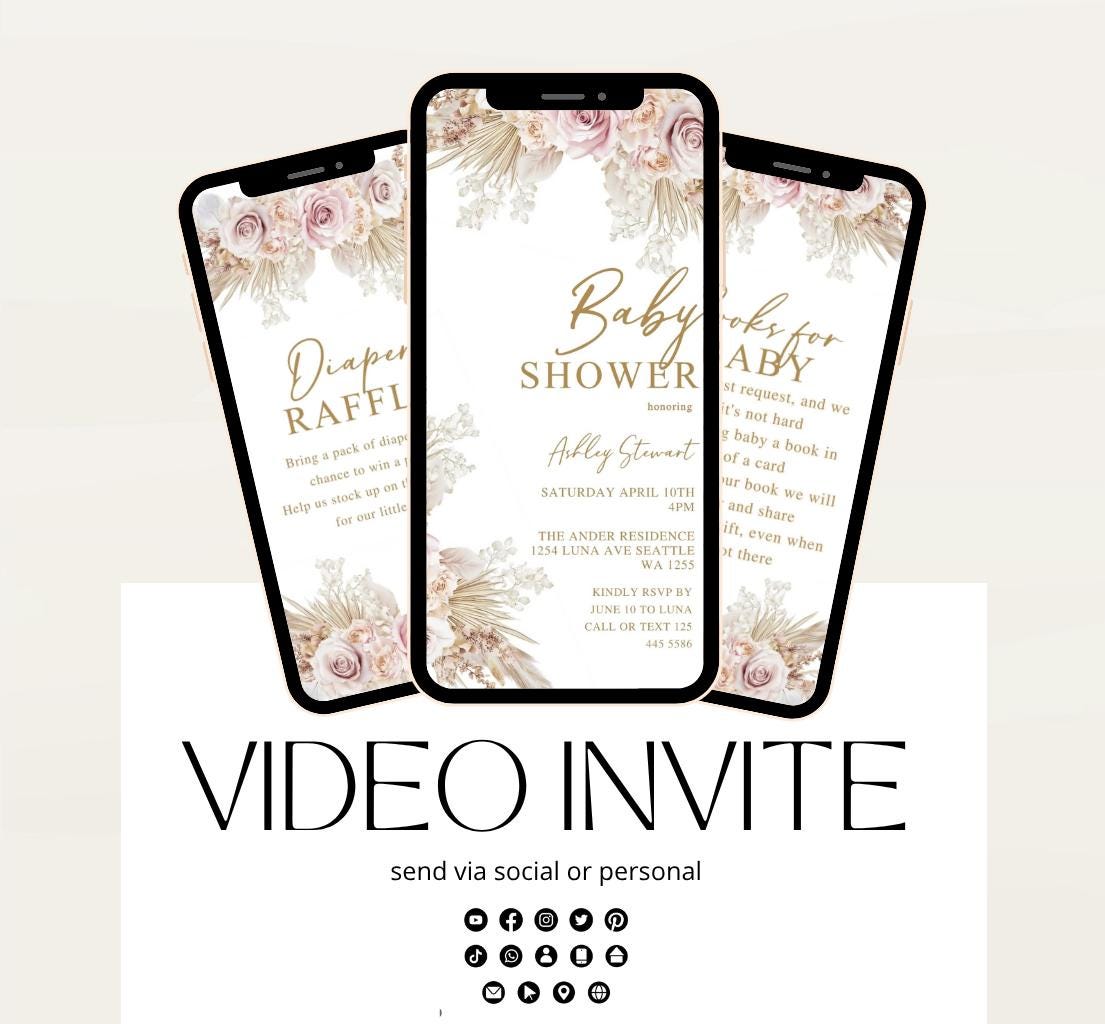 Boho Baby Shower Invitation, Boho Floral Baby Shower, Baby Girl Baby Shower Invite, pampas Invitation, Boho Baby Invitation Animated-1
