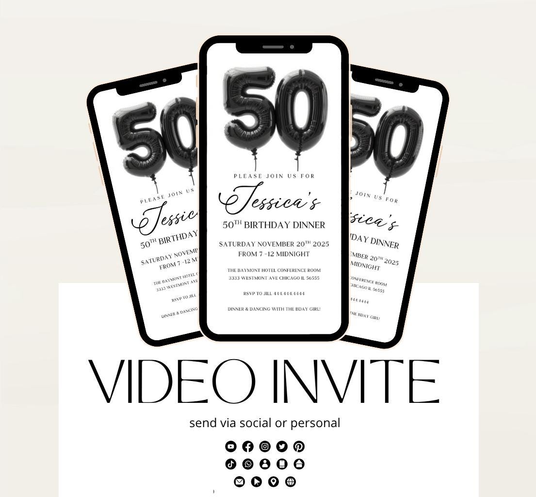 Animated 50th Evite Birthday for Adult Invite, Modern 50th Birthday Invite, Digital Animated Balloon Digital 50th Birthday-1