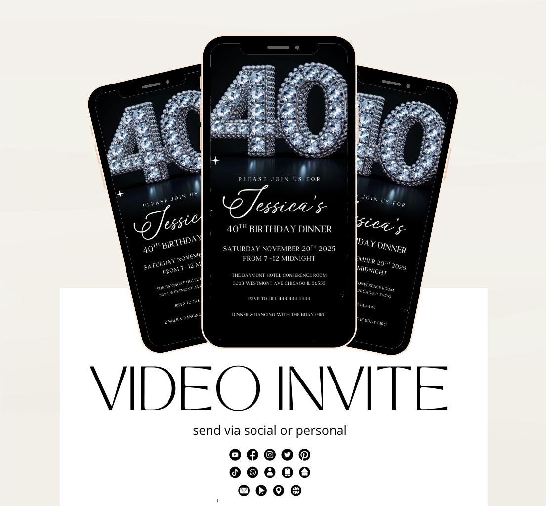 Animated 40th Evite Birthday for Adult Invite, Modern 40th Birthday Invite, Digital Animated Diamond Digital 40th Birthday-1