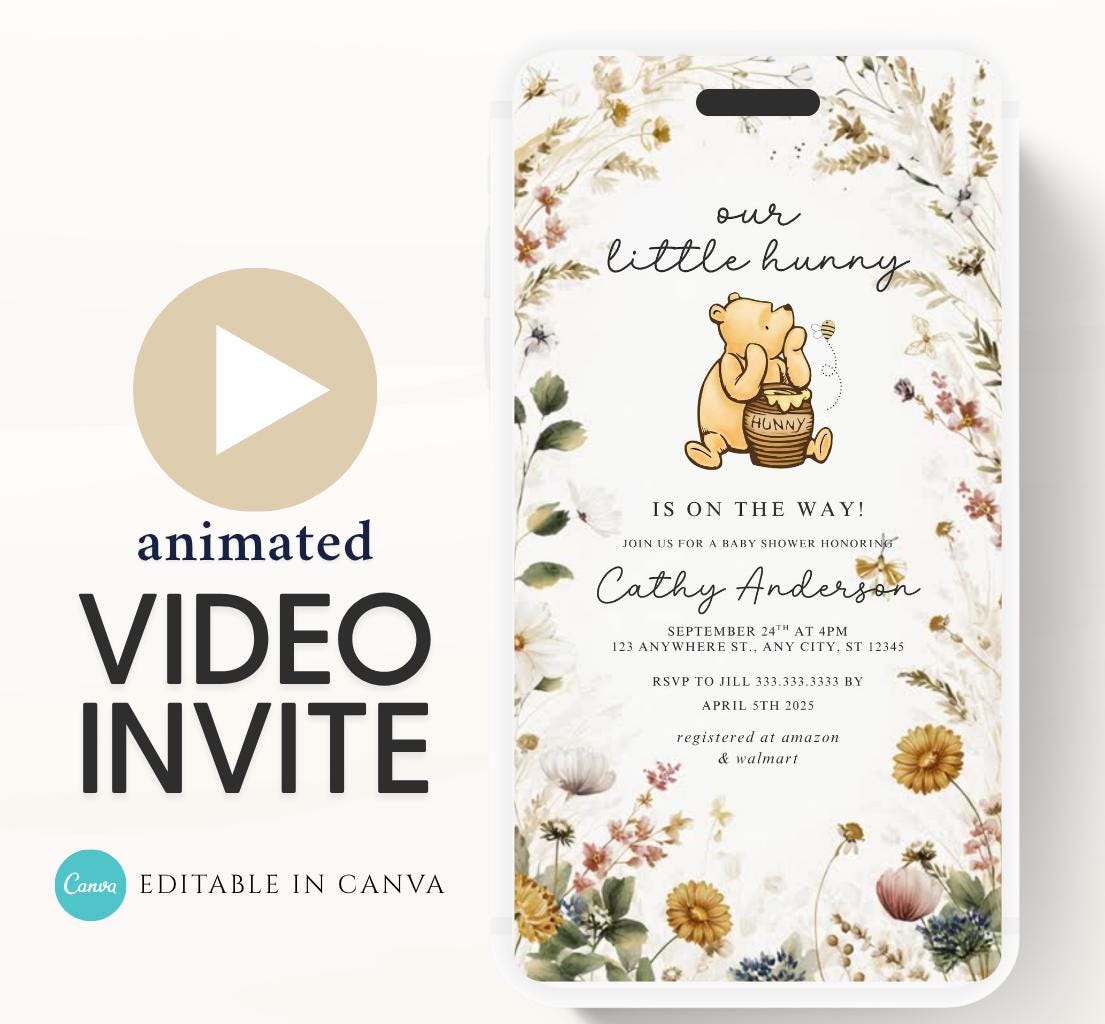 Winnie The Pooh Invitation, Winnie The Pooh Baby Shower Invitations, Winnie The Pooh Invitations Video invitation, Winnie baby shower-5