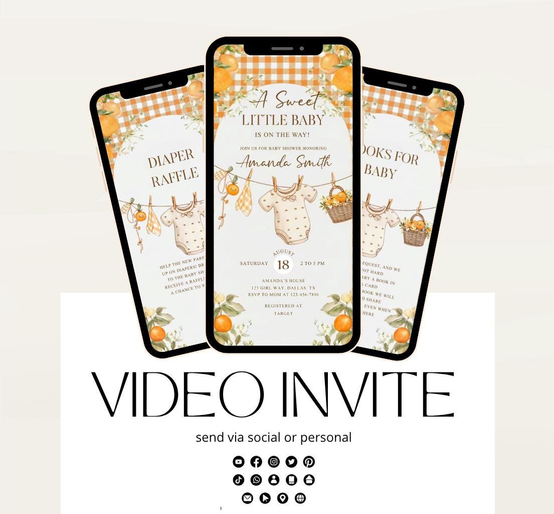 A Little Cutie Baby Shower Invitation, Gender Neutral Baby Shower Invite, Oranges cutie baby shower Video invitation-2