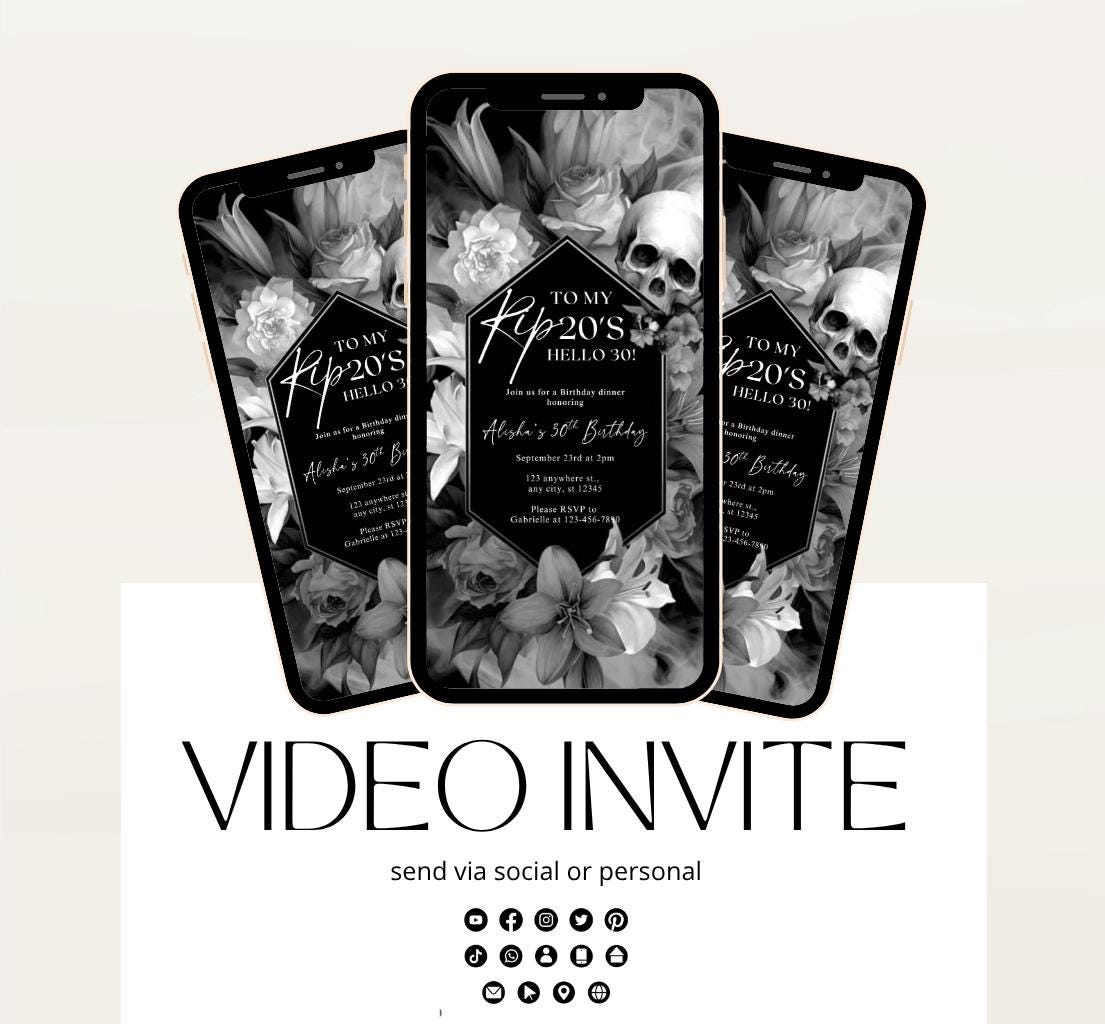 Animated 30th Evite Birthday for Adult Invite, Modern 30th Birthday Invite, Digital Animated Rip 20's Digital Halloween 30th Birthday-14