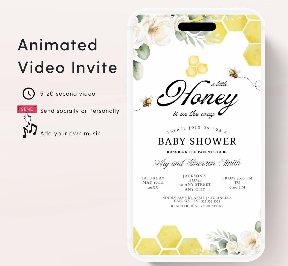 A Little Honey Is On The Way Invitation, Gender Neutral Baby Shower Invite, Bee Baby Shower Invitation, Editable Animated , 1