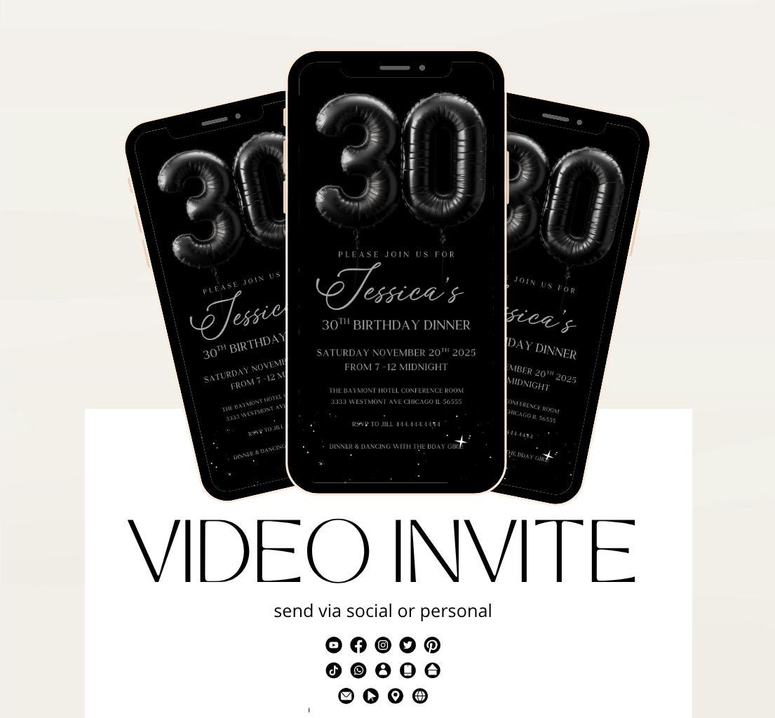 Animated 30th Evite Birthday for Adult Invite, Modern 30th Birthday Invite, Digital Animated Black balloons Digital 30th Birthday-3