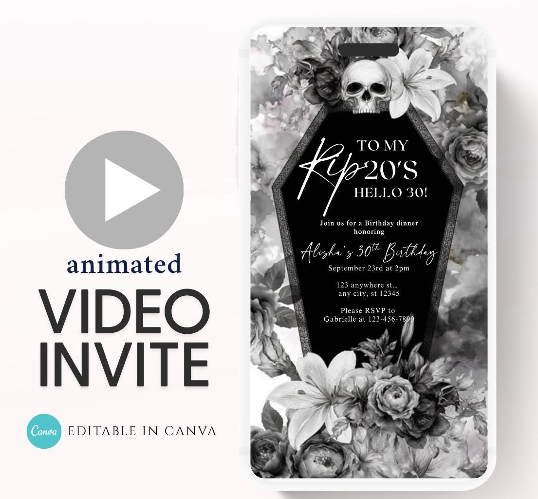 Animated 30th Evite Birthday for Adult Invite, Modern 30th Birthday Invite, Digital Animated Rip 20's Digital Halloween 30th Birthday-16