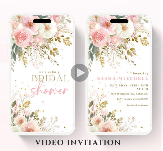 Blush Pink Bridal Shower Invitation, Video Bloom Pink Bridal Shower Invite, Editable Canva Floral Bridal Shower-4