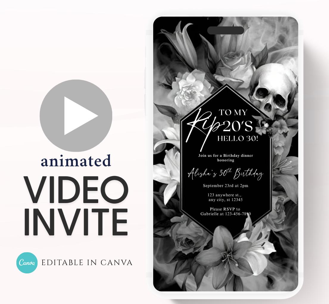 Animated 30th Evite Birthday for Adult Invite, Modern 30th Birthday Invite, Digital Animated Rip 20's Digital Halloween 30th Birthday-14