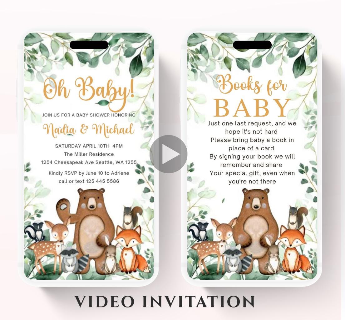 Animated Woodland Baby Shower Invitation, Boy Woodland Baby Shower Invite, Woodland Animals Baby Shower, Greenery Woodland-1