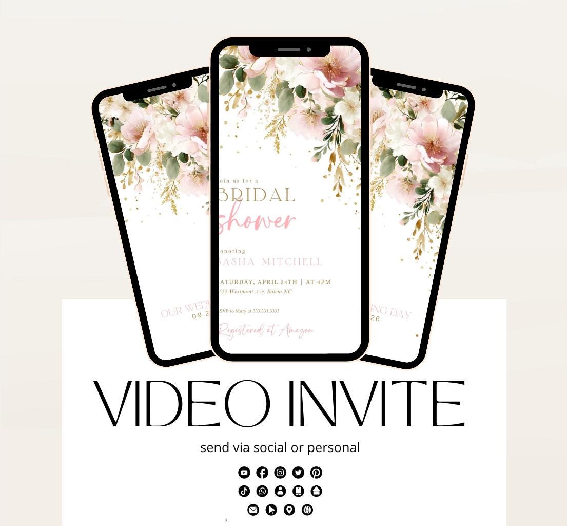 Blush Pink Bridal Shower Invitation, Video Bloom Pink Bridal Shower Invite, Editable Canva Floral Bridal Shower-1