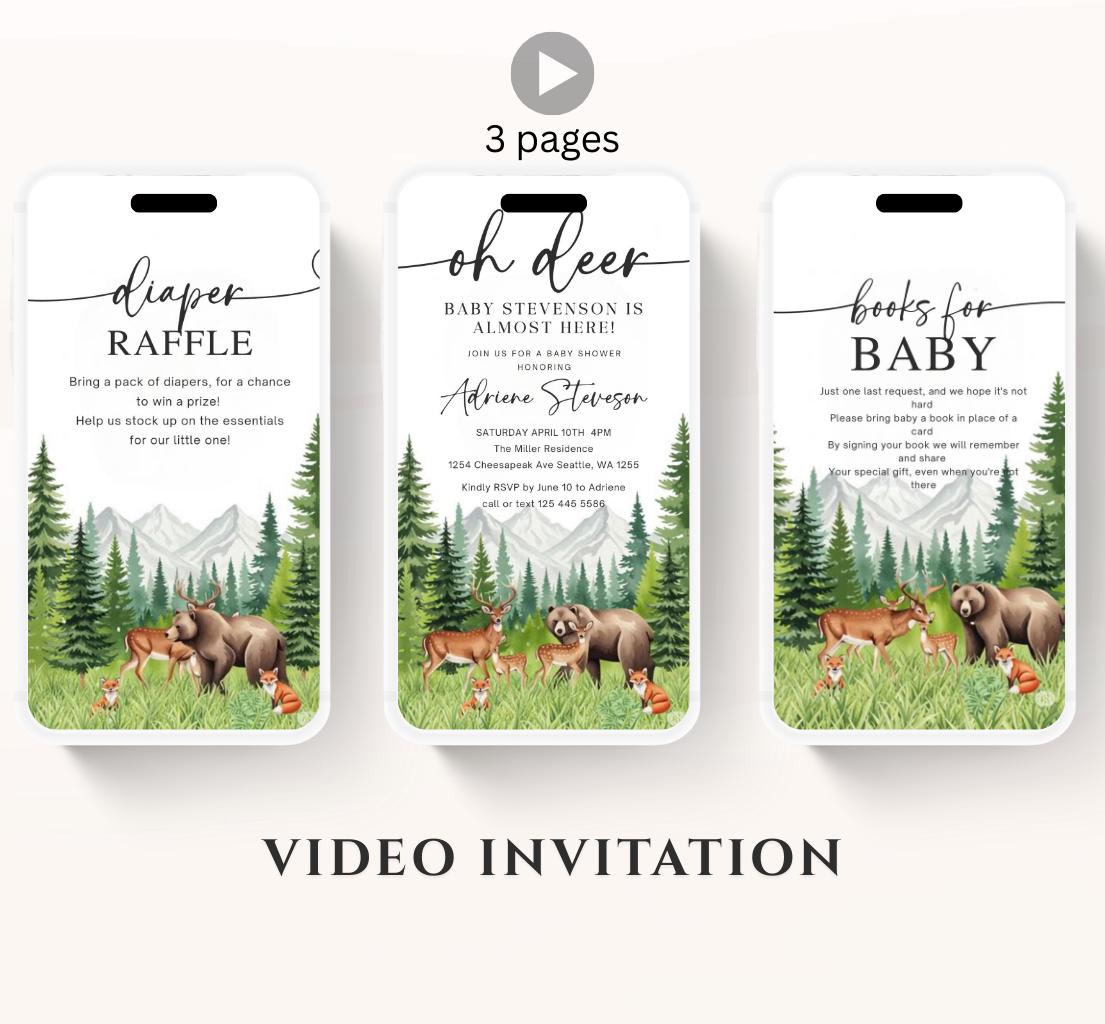 Animated Woodland Baby Shower Invitation, Boy Deer Baby Shower Invite, Woodland Animals Baby Shower, Greenery Boho invitation Woodland-5