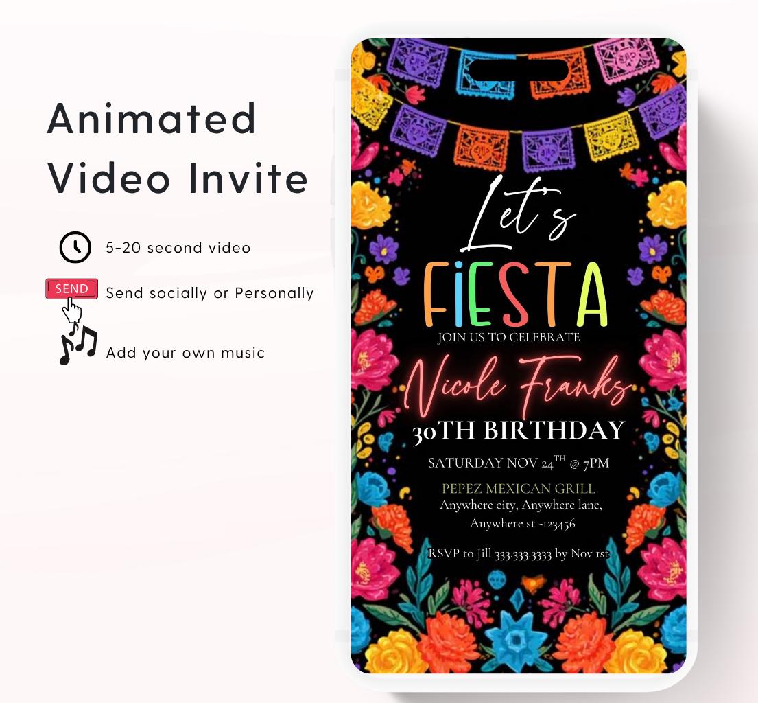 Lets Fiesta Invitation Taco invite, Digital Mexican Theme Birthday Party Invite Latin Celebration Let's Fiesta Cumpleaños Video invitation-3