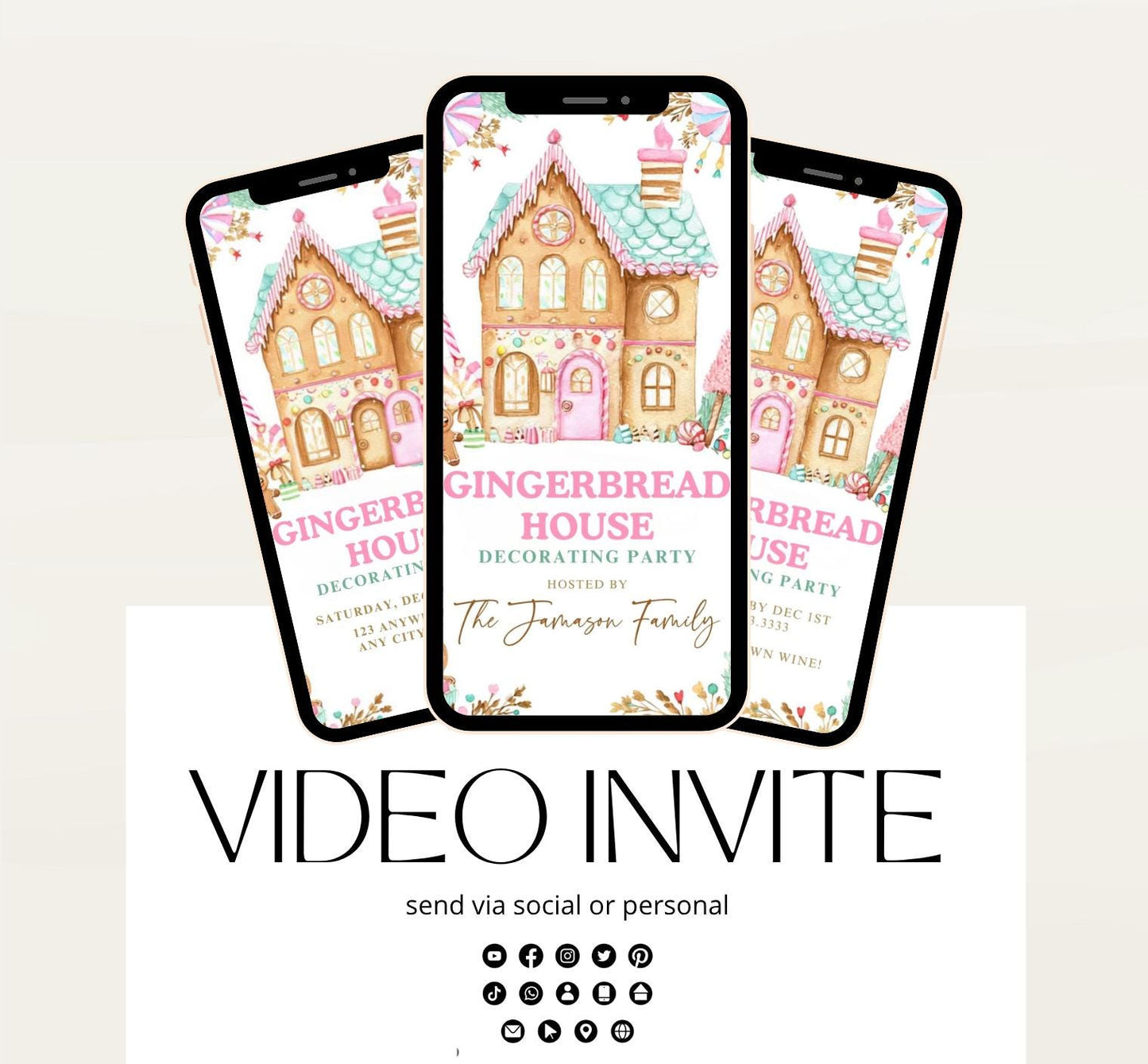 Animated Gingerbread House Birthday Party Invitation, Christmas Cookie Decorating Party Invite, Gingerbread House Contest Invitation-1