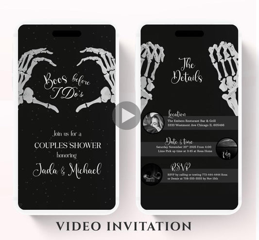 Halloween Engagement Invitation Vintage Gothic Skellington Hands Boos Before I Dos Couples Shower Halloween bridal Video invite-1