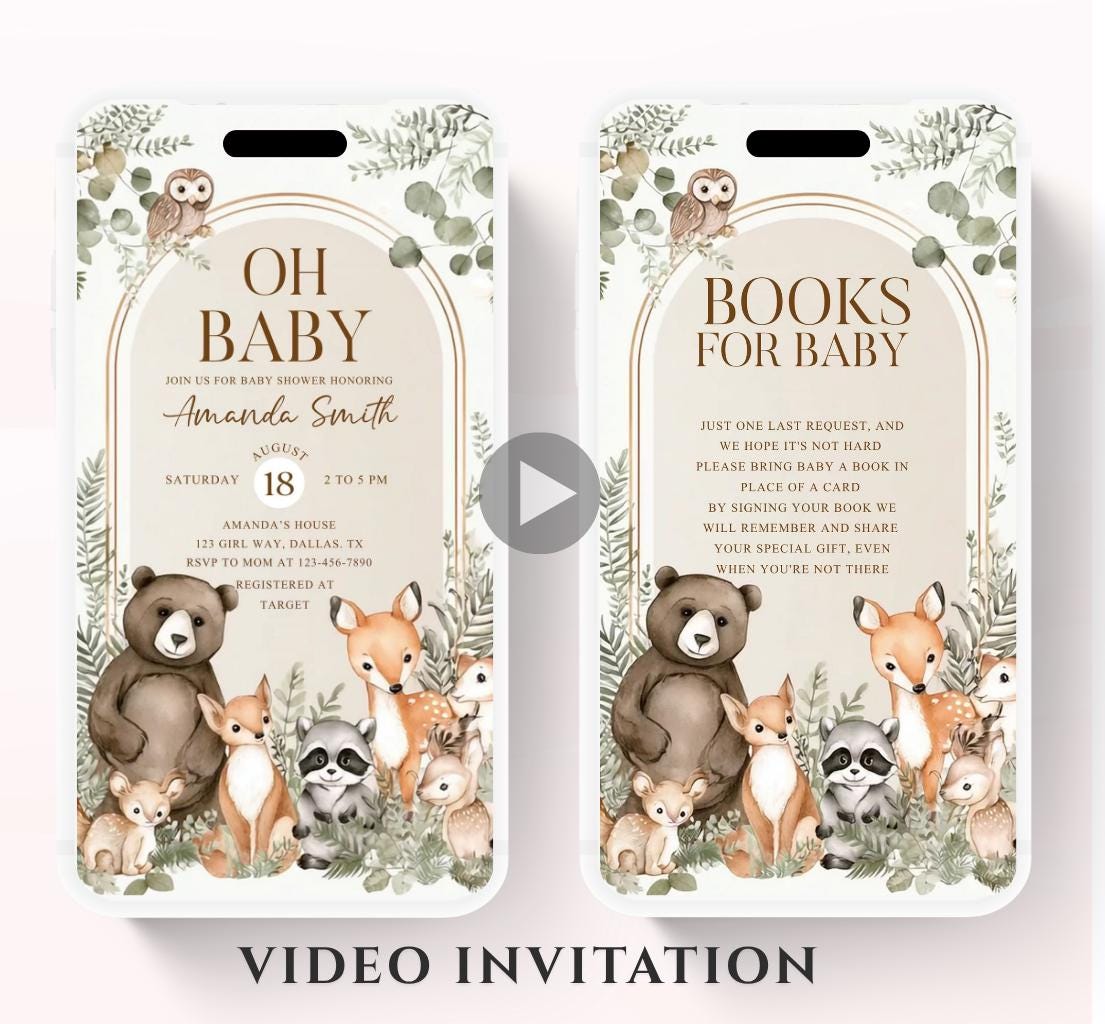 Animated Woodland Baby Shower Invitation, Boy Woodland Baby Shower Invite, Woodland Animals Baby Shower, Greenery Boho invitation Woodland-3