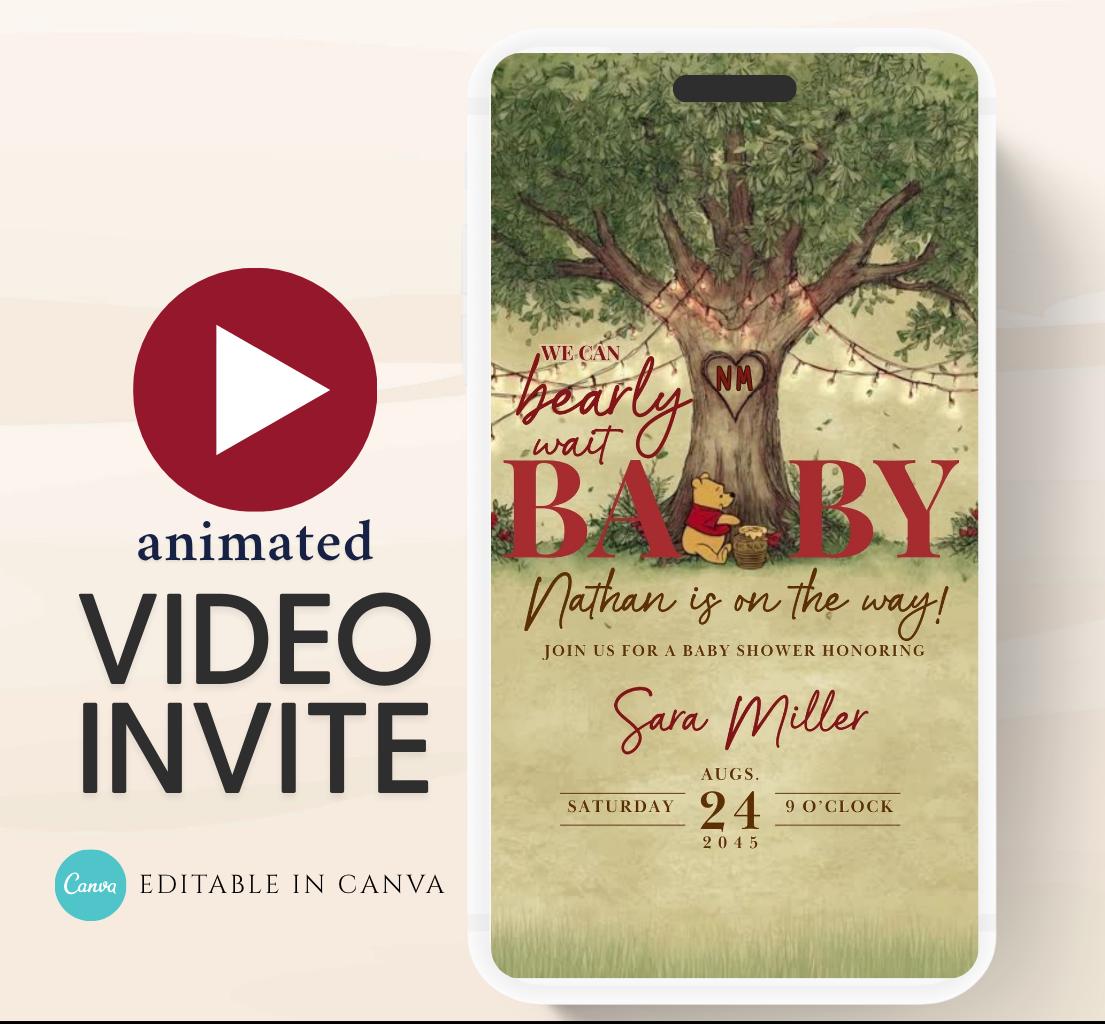 Red Winnie Tree Invitation, Winnie The Pooh Baby Shower Invitations, Winnie The Pooh Invitations Video invitation, Winnie baby shower-23