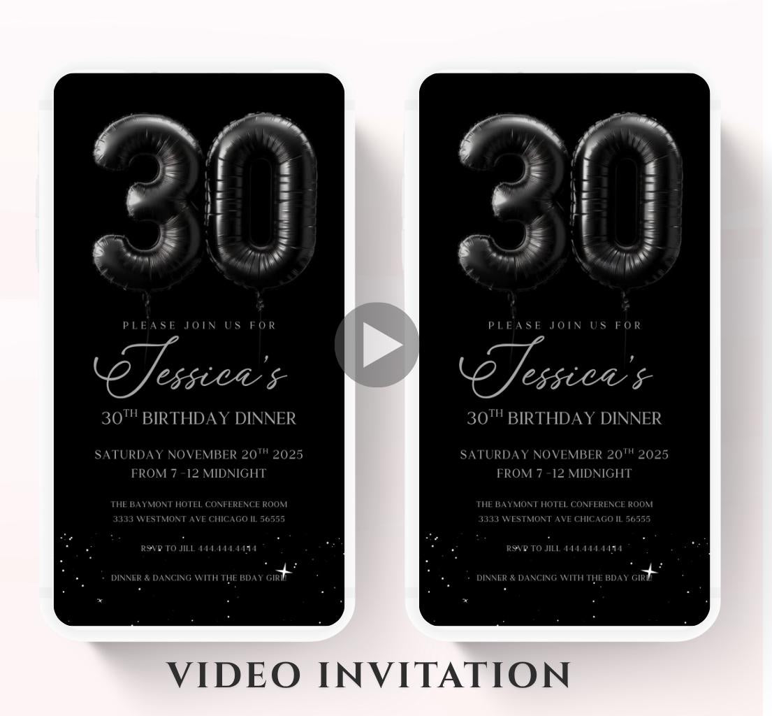 Animated 30th Evite Birthday for Adult Invite, Modern 30th Birthday Invite, Digital Animated Black balloons Digital 30th Birthday-3