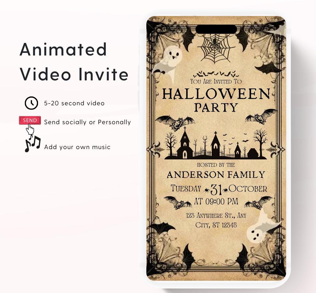 Video Vintage Halloween Invitations Halloween Party Invite Antique Adults Halloween Costume party Invite Editable Digital Download-1