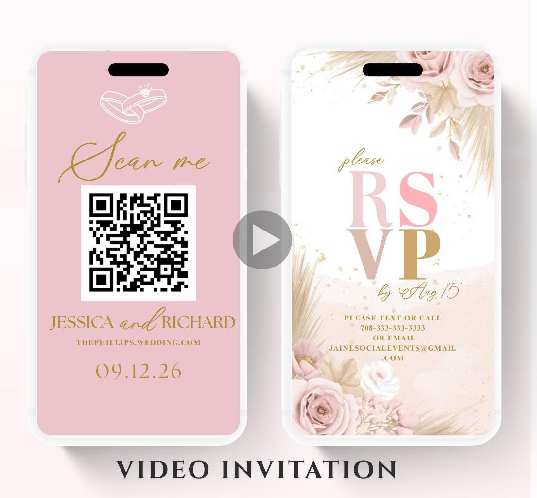 Pink and blush boho florals Wedding invitation, Wedding invitation, wedding invitation template, Video Wedding invite, wedding invite-12