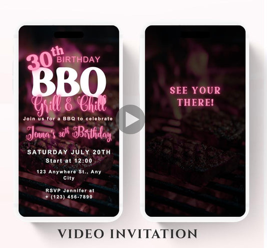 Digital Birthday BBQ Chill and Grill Invitation. Animated Barbeque Party Invite in Neon Pink. Birthday invite Video-1