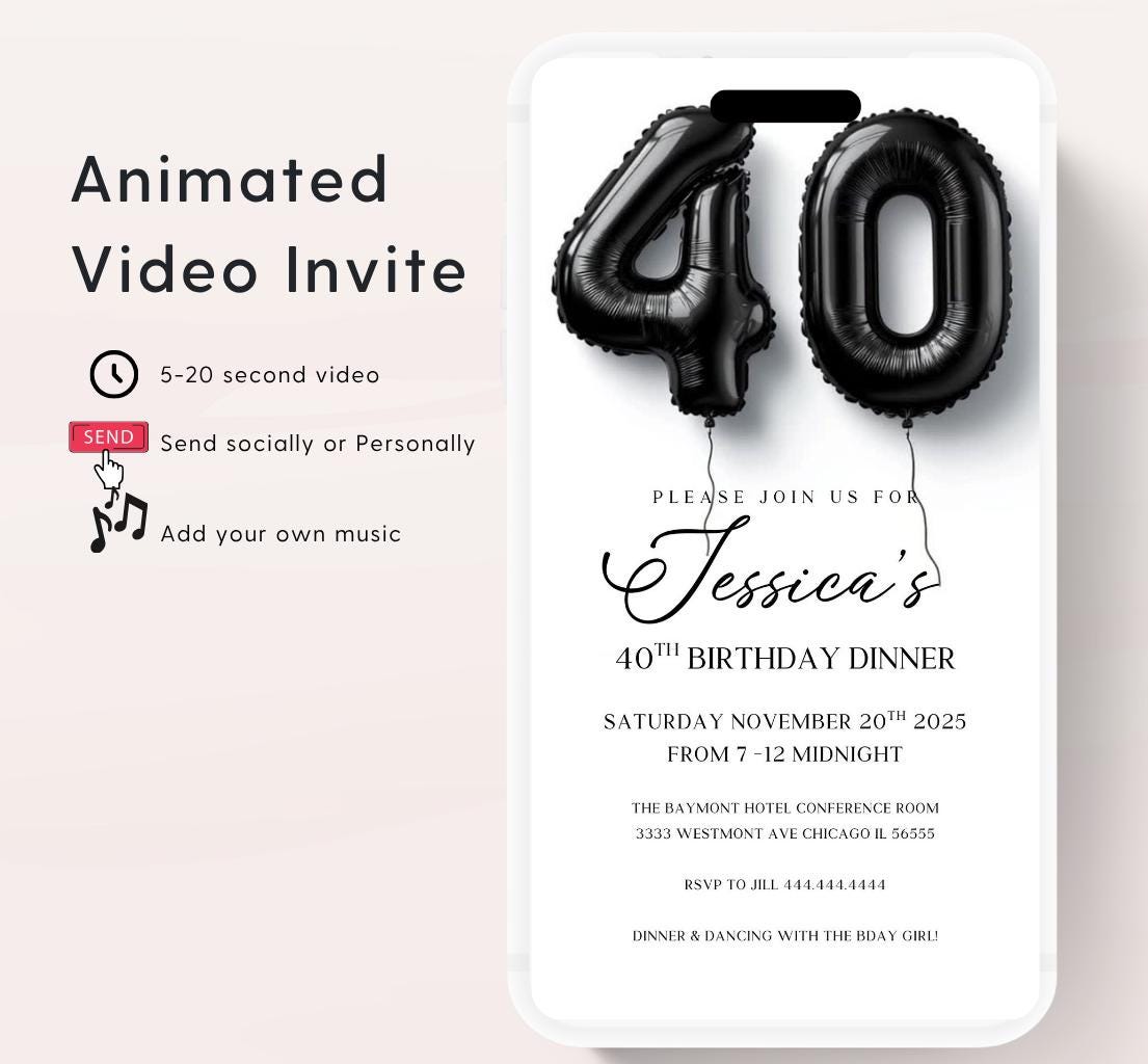 Animated 40th Evite Birthday for Adult Invite, Modern 40th Birthday Invite, Digital Animated Diamond Digital 40th Birthday-2