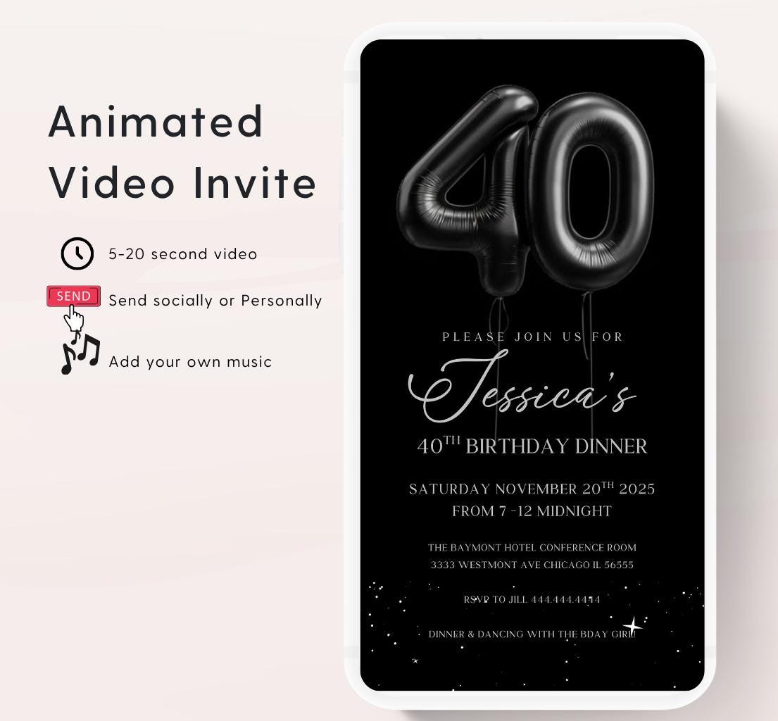 Animated 40th Evite Birthday for Adult Invite, Modern 40th Birthday Invite, Digital Animated black balloon Digital 40th Birthday-3