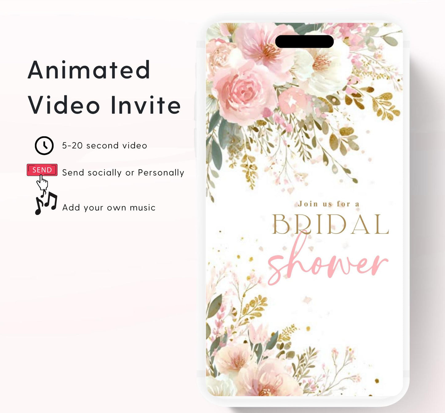 Blush Pink Bridal Shower Invitation, Video Bloom Pink Bridal Shower Invite, Editable Canva Floral Bridal Shower-4