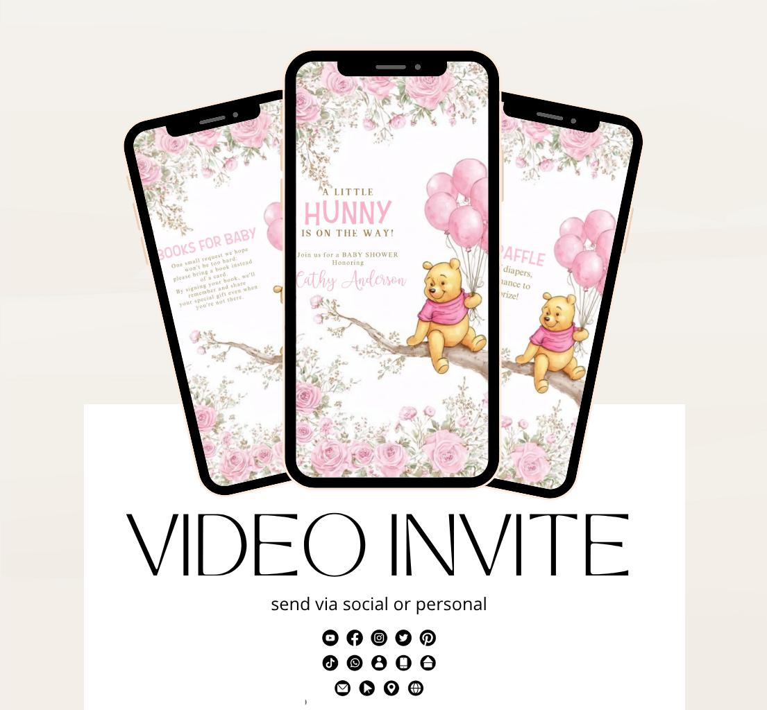 Pink Winnie shower Invitation, Winnie The Pooh Baby Shower Invitations, Winnie The Pooh Invitations Video invitation, Winnie baby shower-18