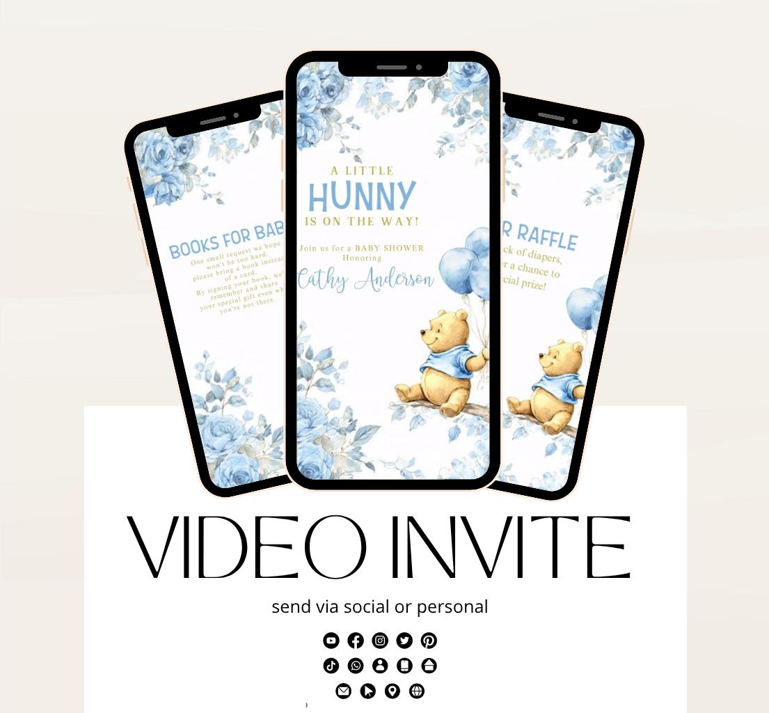 Blue Winnie shower Invitation, Winnie The Pooh Baby Shower Invitations, Winnie The Pooh Invitations Video invitation, Winnie baby shower-19