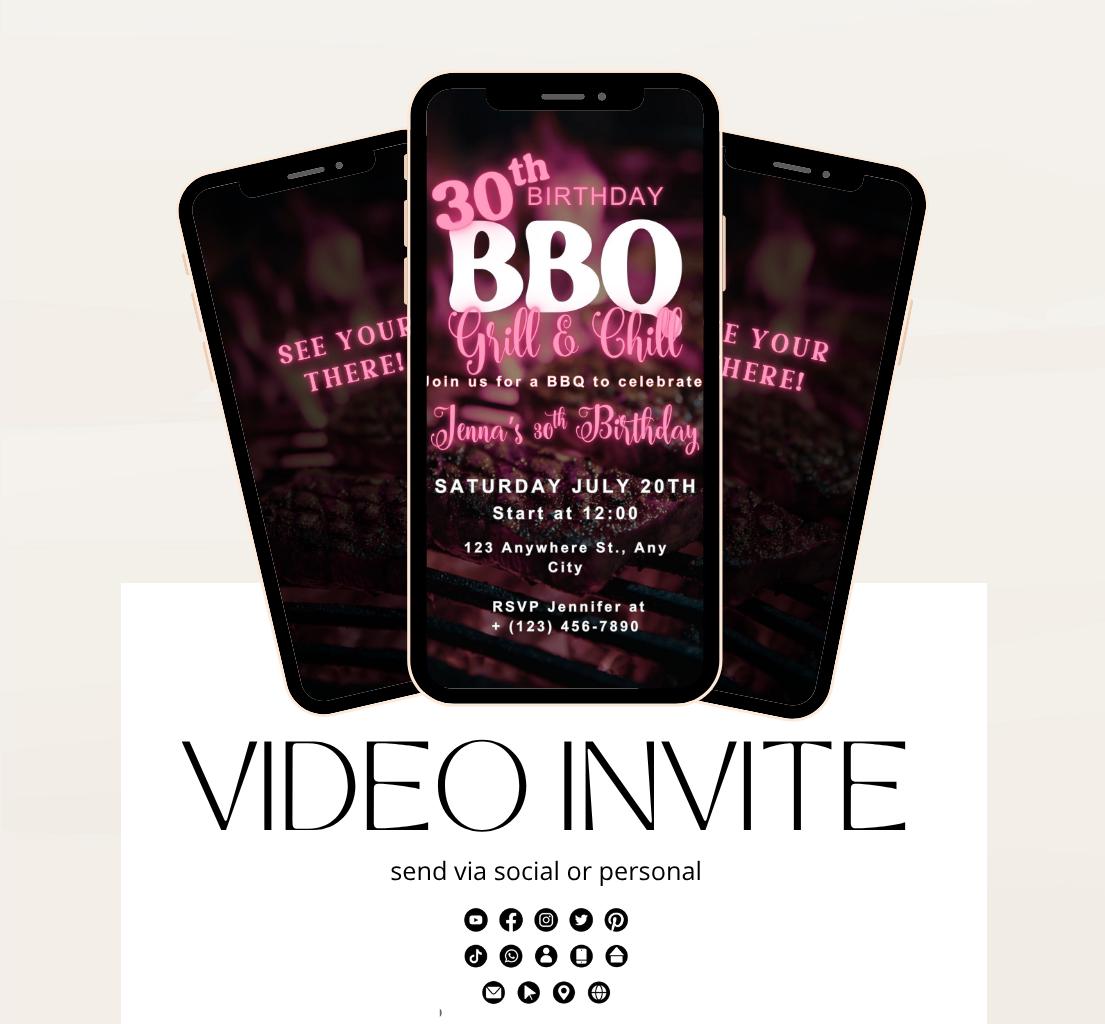 Digital Birthday BBQ Chill and Grill Invitation. Animated Barbeque Party Invite in Neon Pink. Birthday invite Video-1