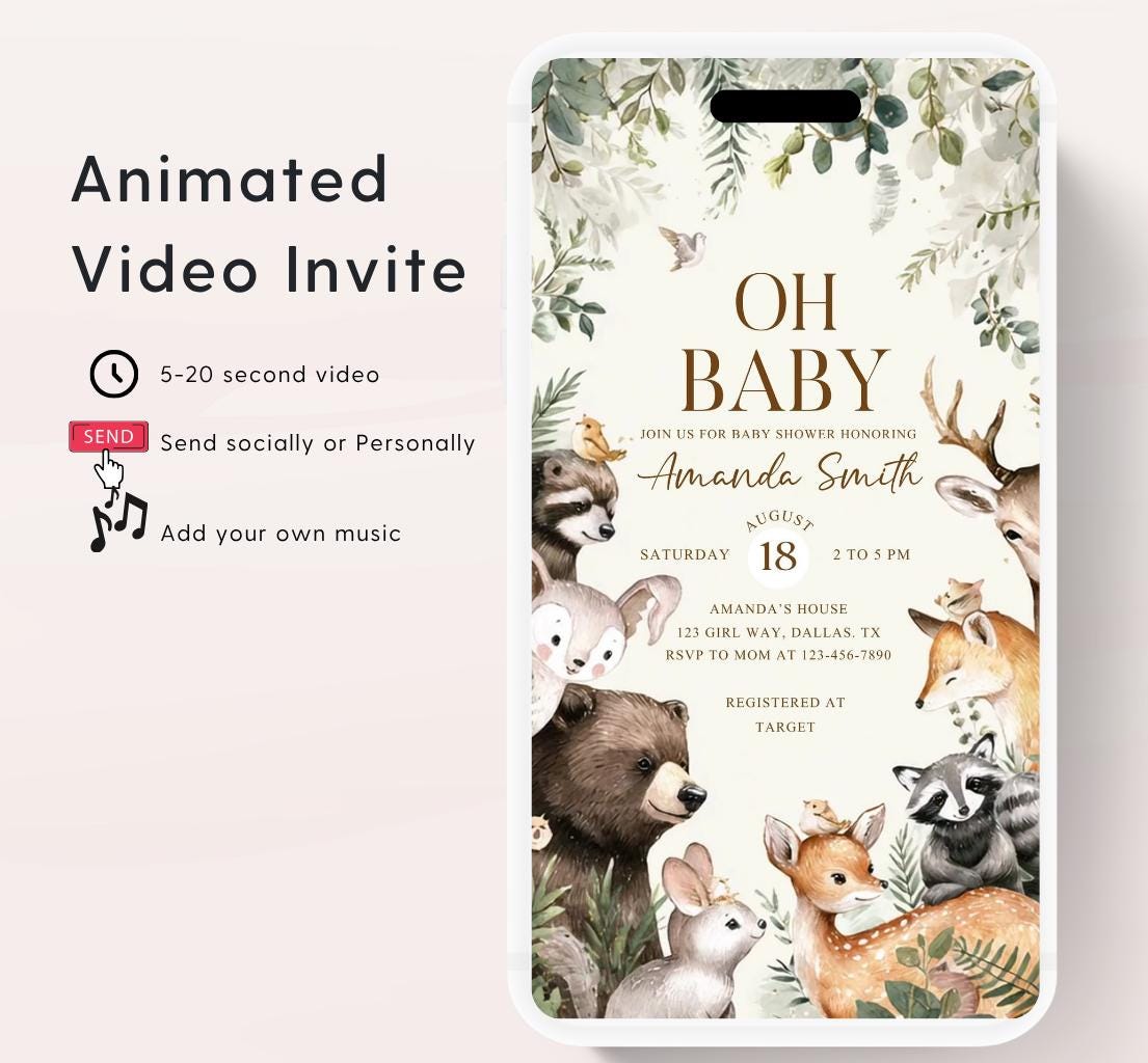 Animated Woodland Baby Shower Invitation, Boy Woodland Baby Shower Invite, Woodland Animals Baby Shower, Greenery Boho invitation Woodland-4