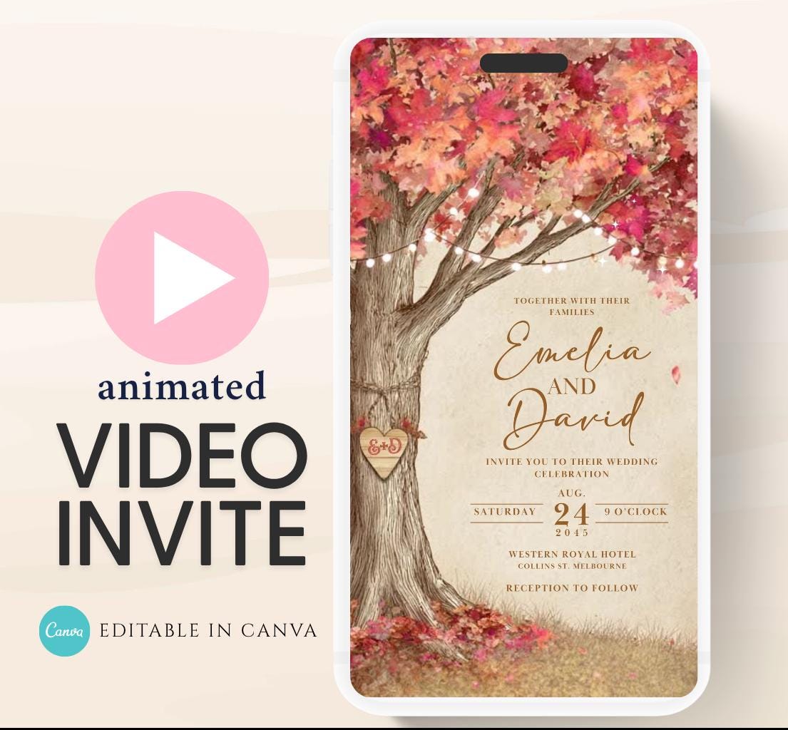 Pink Fall Love Tree Autumn Wedding invitation, Wedding invitation, wedding invitation template, Video Wedding invite, wedding invite-19