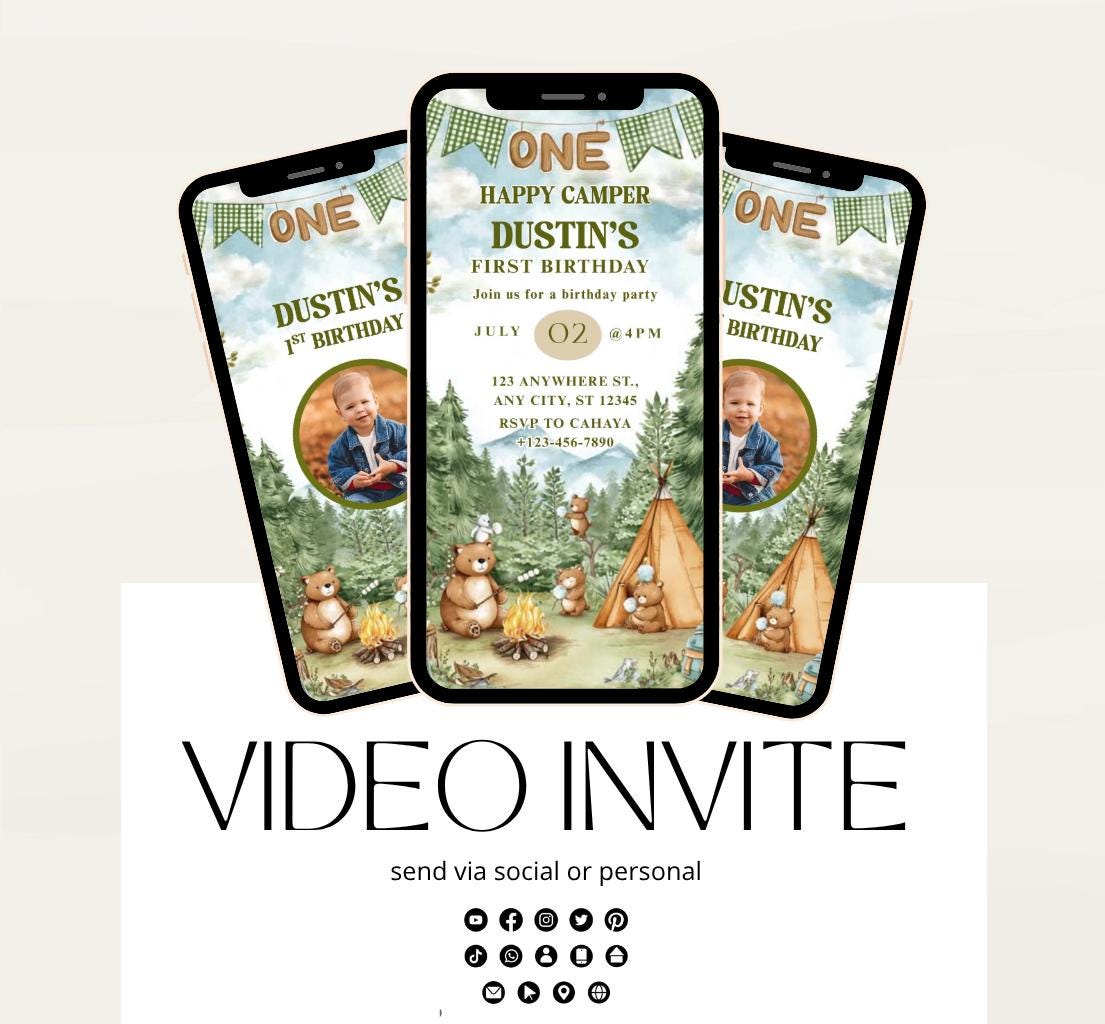 One Happy Camper Birthday Invitation, Boy First Birthday, Boy Happy camper Invitation, Camping 1st Birthday, Canva Video Invitation-3