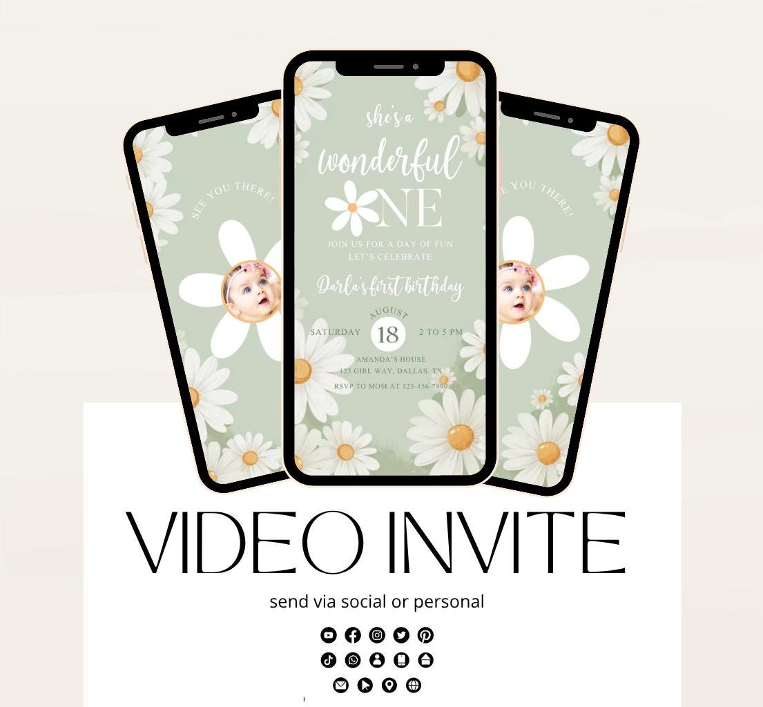 Daisy Birthday Invitation, Daisy 1st Birthday Invite, 1st Birthday Girl, Boho Daisy Invitation, Green Daisies video invite-1