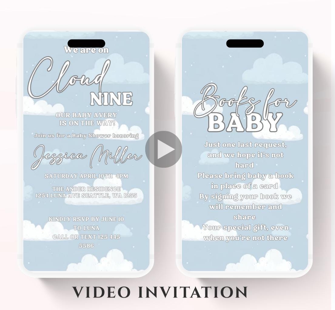Video On Cloud 9 Baby Shower Invitation Blue Cloud Nine Boy Shower Invite We're on Cloud Nine Party Invite Printable Animated