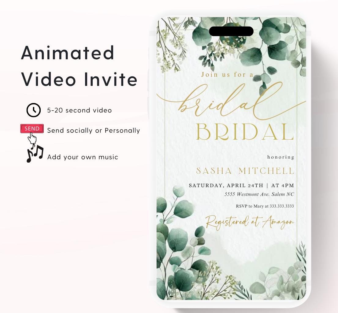 Greenery Bridal Shower Invitation, Video Eucalyptus Bridal Shower Invite, Editable Canva Greenery Bridal Shower-2
