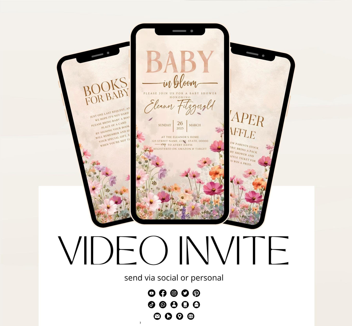 Boho Baby Shower Invitation, Boho Floral Baby Shower, Baby in bloom Baby Shower Invite, pampas Invitation, Boho Baby Invitation Animated-5