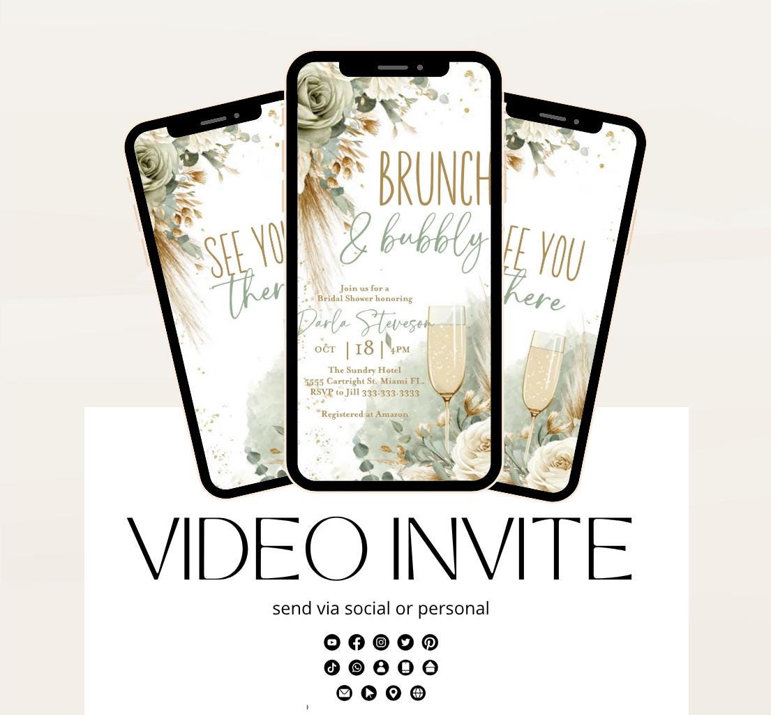 Brunch and Bubbly Bridal Shower Invitation Video, Champagne Shower Invite, Boho sage green Bridal Shower Invitation, Brunch Invite-3