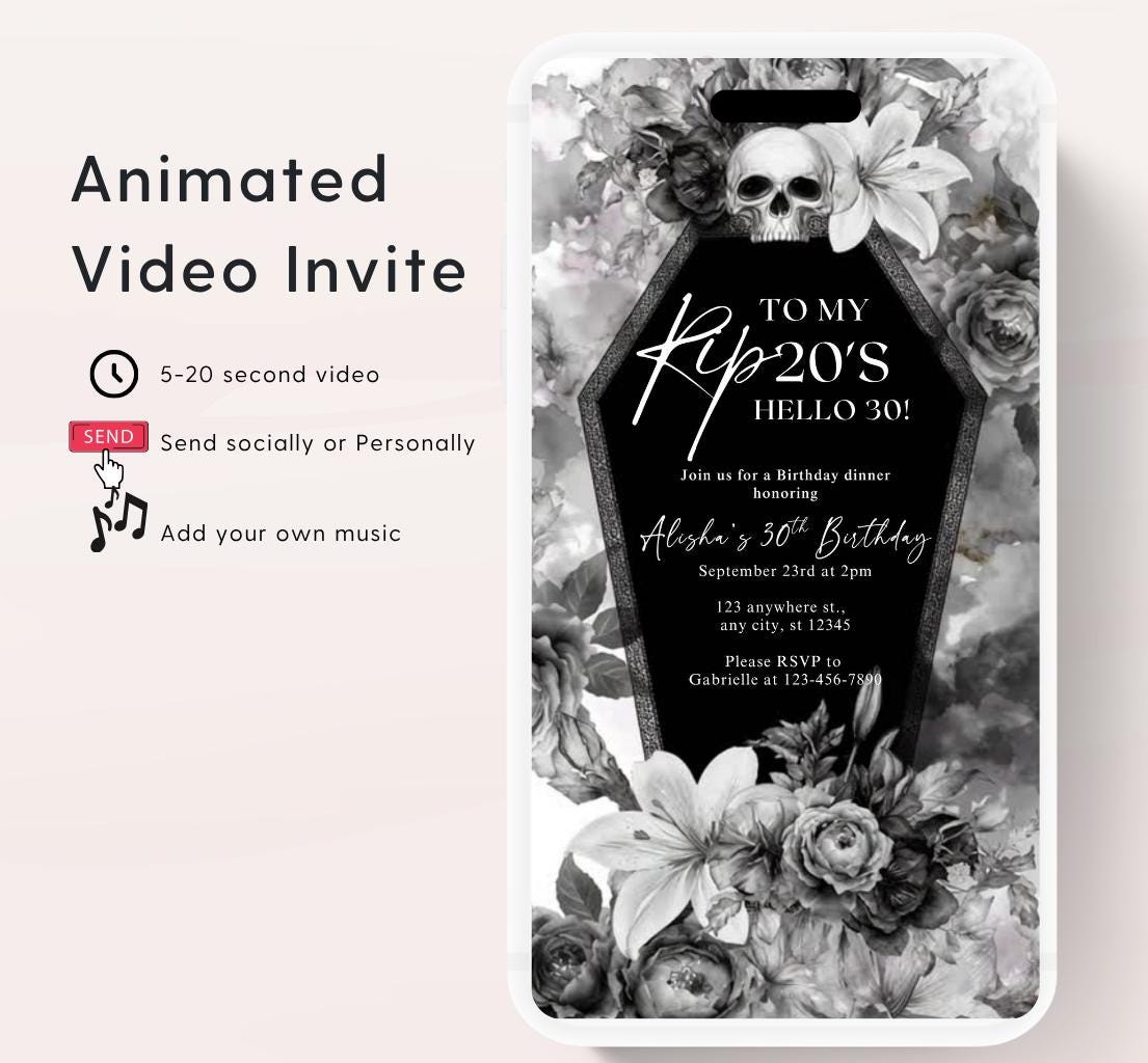 Animated 30th Evite Birthday for Adult Invite, Modern 30th Birthday Invite, Digital Animated Rip 20's Digital Halloween 30th Birthday-16