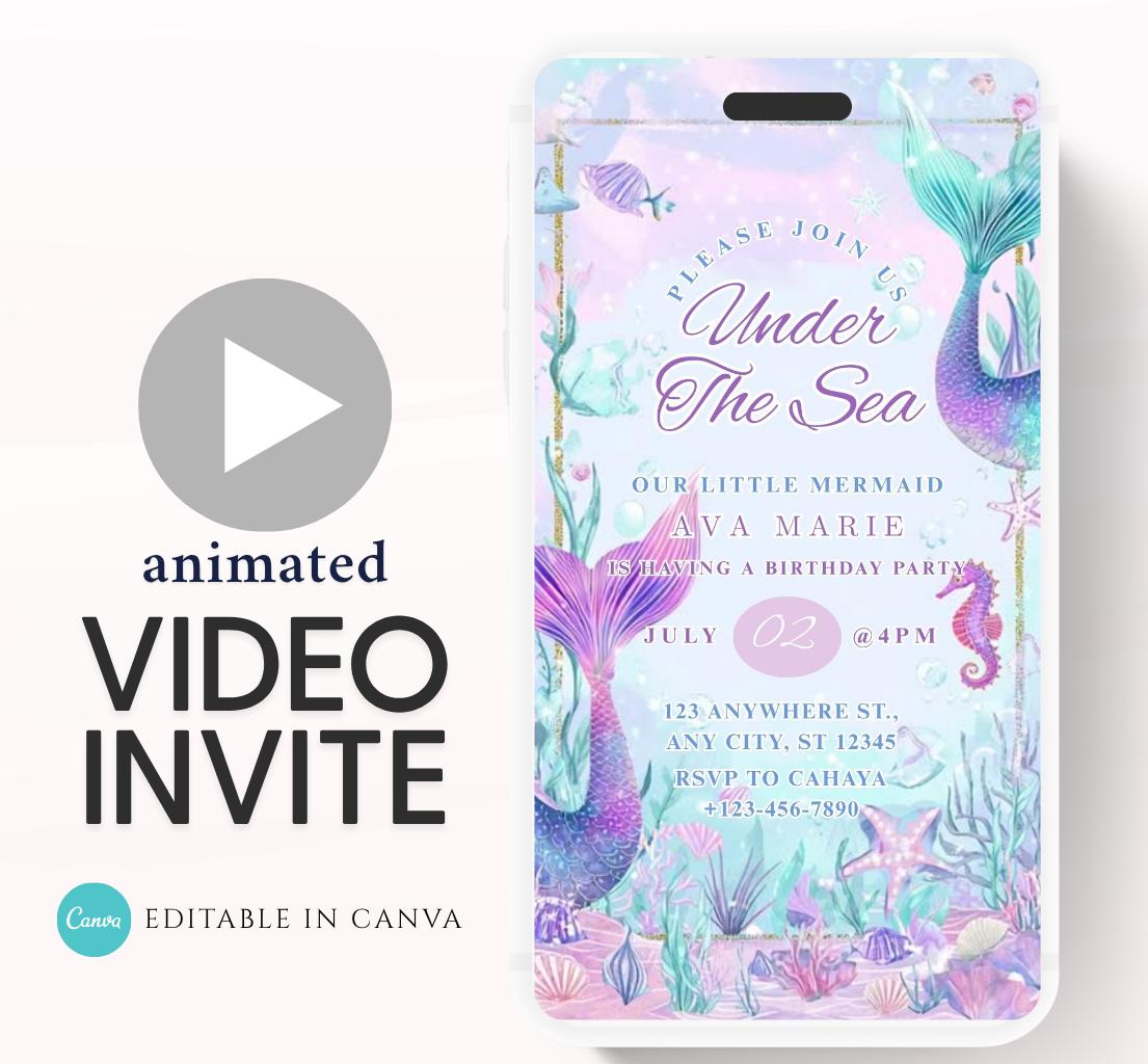 Mermaid Birthday Invitation, Mermaid Invite, Under the Sea Birthday Party, Glitter Birthday, Pink Birthday, Mermaid Party Video invitation-2