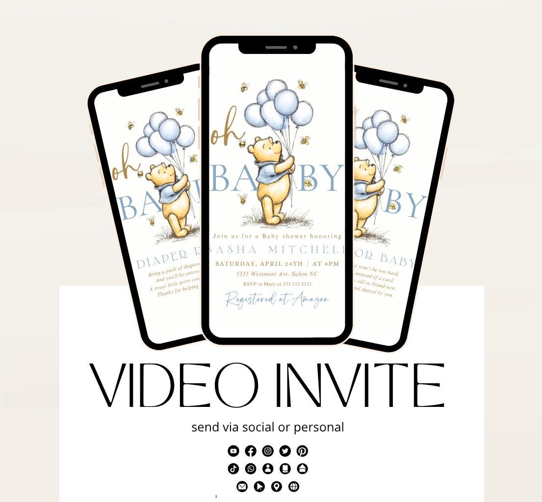 Winnie The Pooh Invitation, Boy Winnie The Pooh Baby Shower Invitations, Winnie The Pooh Invitations Video invitation, Winnie baby shower-7