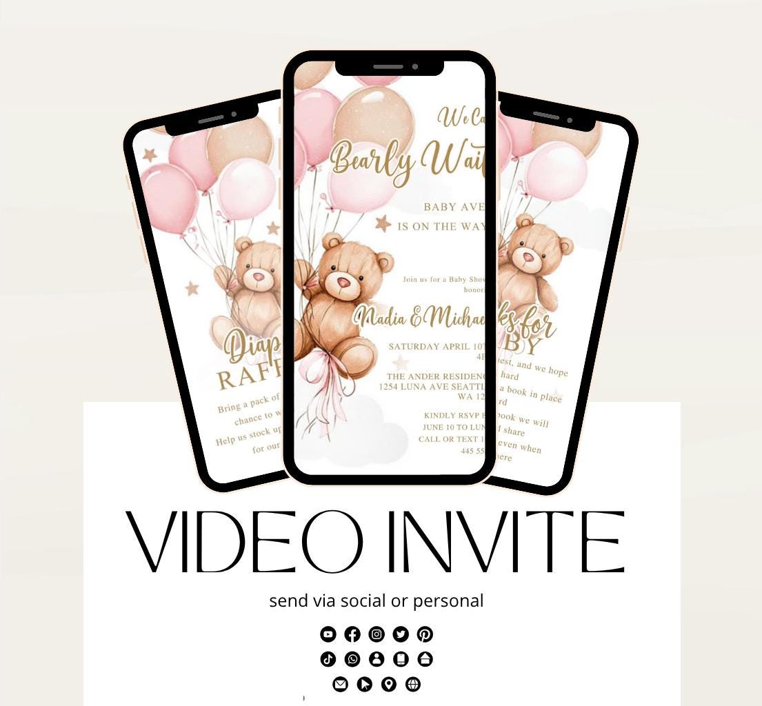 Teddy Bear Baby Shower Invitation We Can Bearly Wait Invite balloon Teddy Bear Template girl Animated video- 3