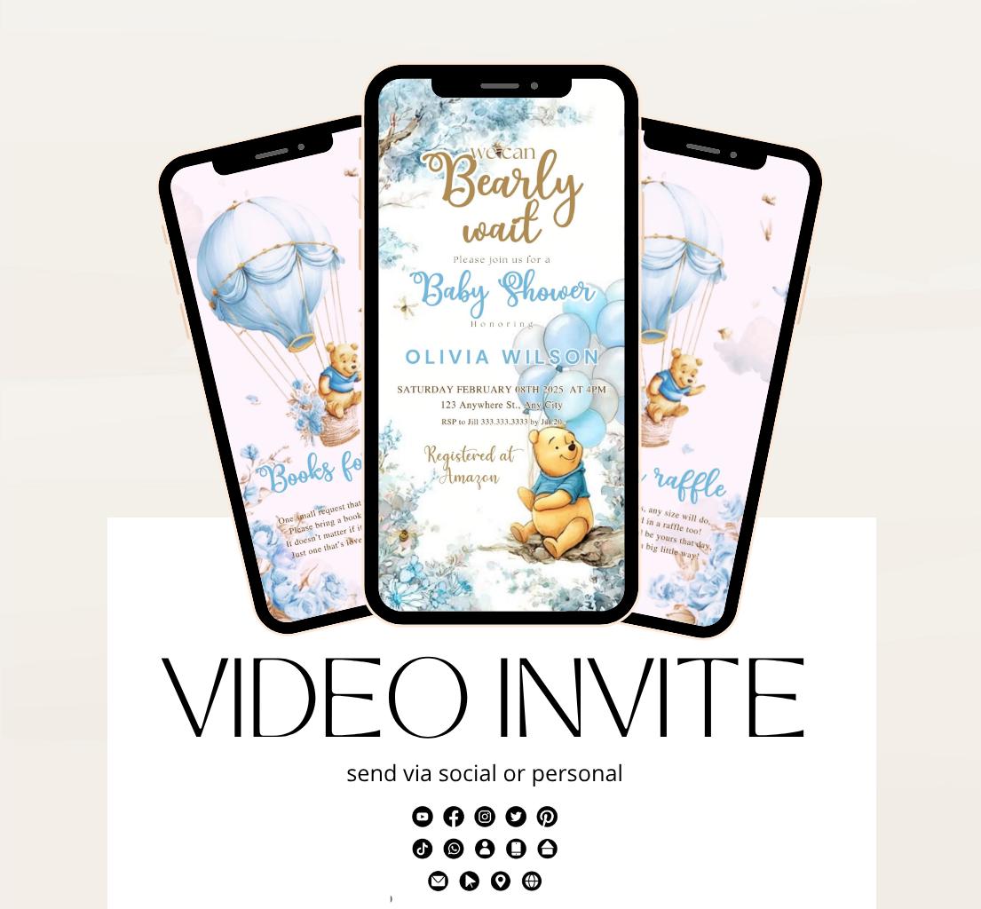 Winnie The Pooh Invitation, Winnie The Pooh Baby Shower Invitations, Winnie The Pooh Invitations Video invitation, Winnie baby shower-15b