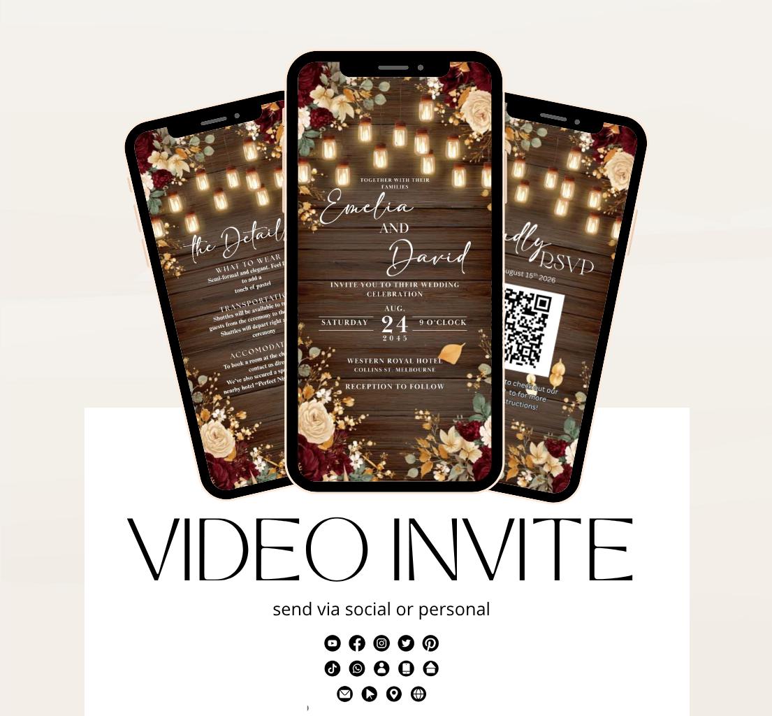 Rustic burgundy floral Wedding invitation, Wedding invitation, wedding invitation template, Video Wedding invite, wedding invite-15