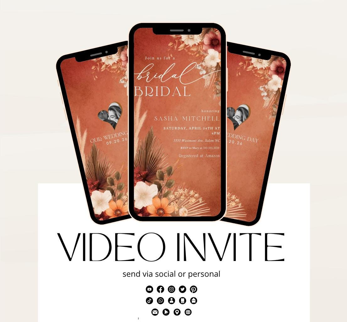 Video Bridal Shower Invitation Template, Pampas & Floral, Bridal shower fall, Boho, Arch, Palm Leaf, Rust, Burnt Orange, Terracotta-3