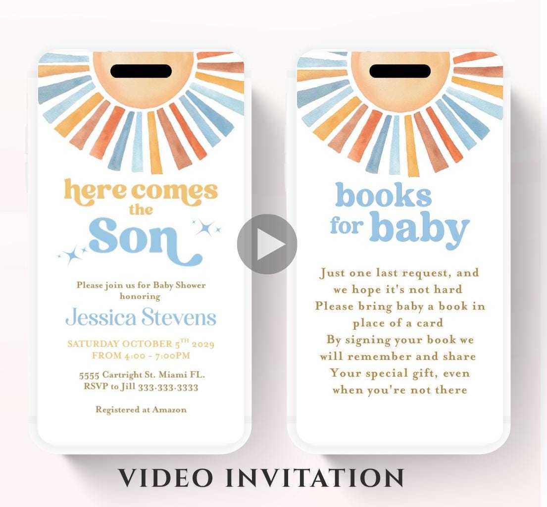 Animated Sunshine Baby Shower Invitation, Here Comes the Son Baby Shower Invite, Boy Sonshine Baby Shower, Boho Sunshine Shower sun baby-3