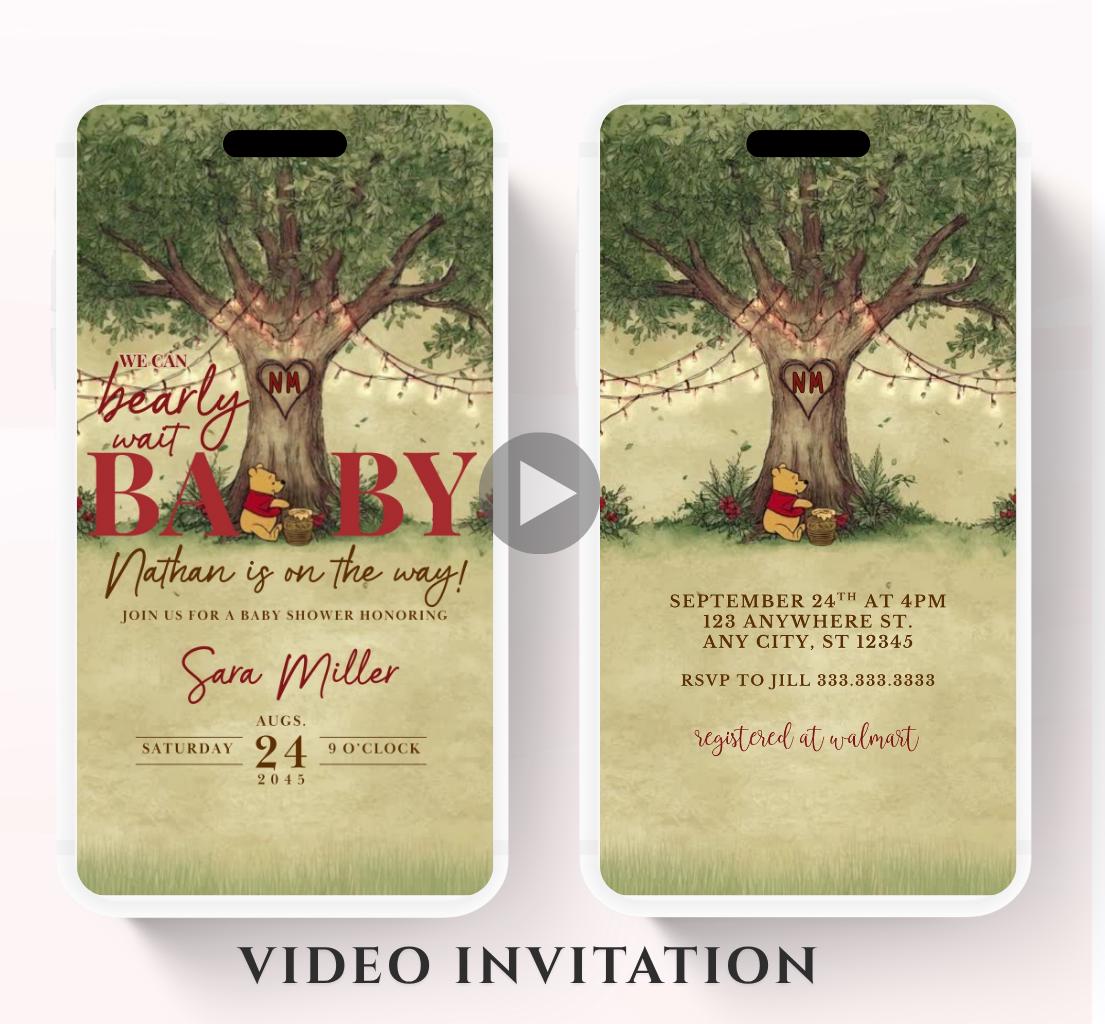 Red Winnie Tree Invitation, Winnie The Pooh Baby Shower Invitations, Winnie The Pooh Invitations Video invitation, Winnie baby shower-23