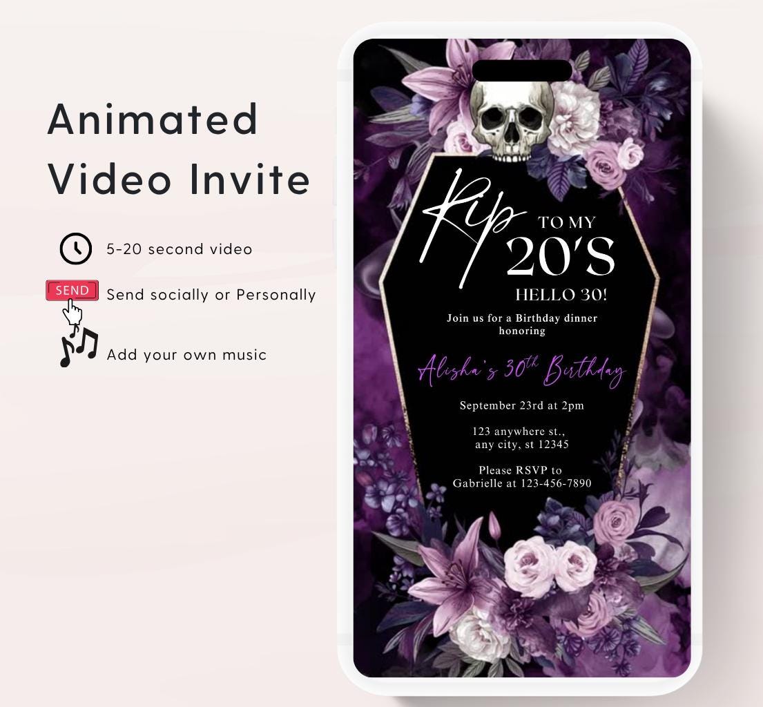 Animated 30th Evite Birthday for Adult Invite, Modern 30th Birthday Invite, Digital Animated Rip 20's Digital Halloween 30th Birthday-11