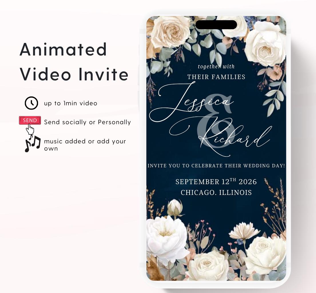Navy blue and white florals Wedding invitation, Wedding invitation, wedding invitation template, Video Wedding invite, wedding invite-13