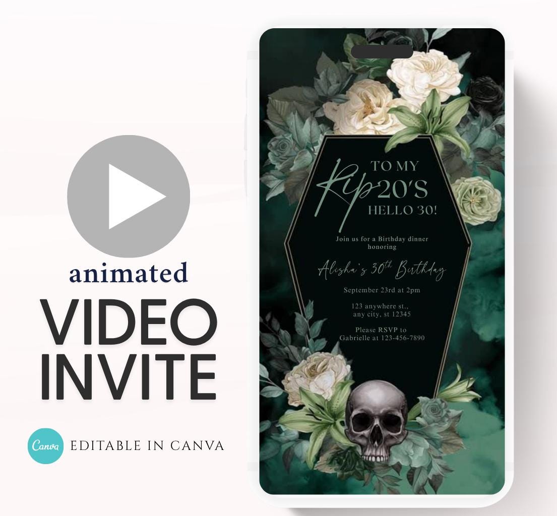 Animated 30th Evite Birthday for Adult Invite, Modern 30th Birthday Invite, Digital Animated Rip 20's Digital Halloween 30th Birthday-15